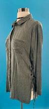 Load image into Gallery viewer, She & Sky Army Green Distressed Button Down Side Tie Shirt L