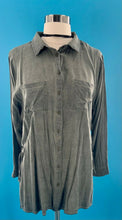 Load image into Gallery viewer, She & Sky Army Green Distressed Button Down Side Tie Shirt L
