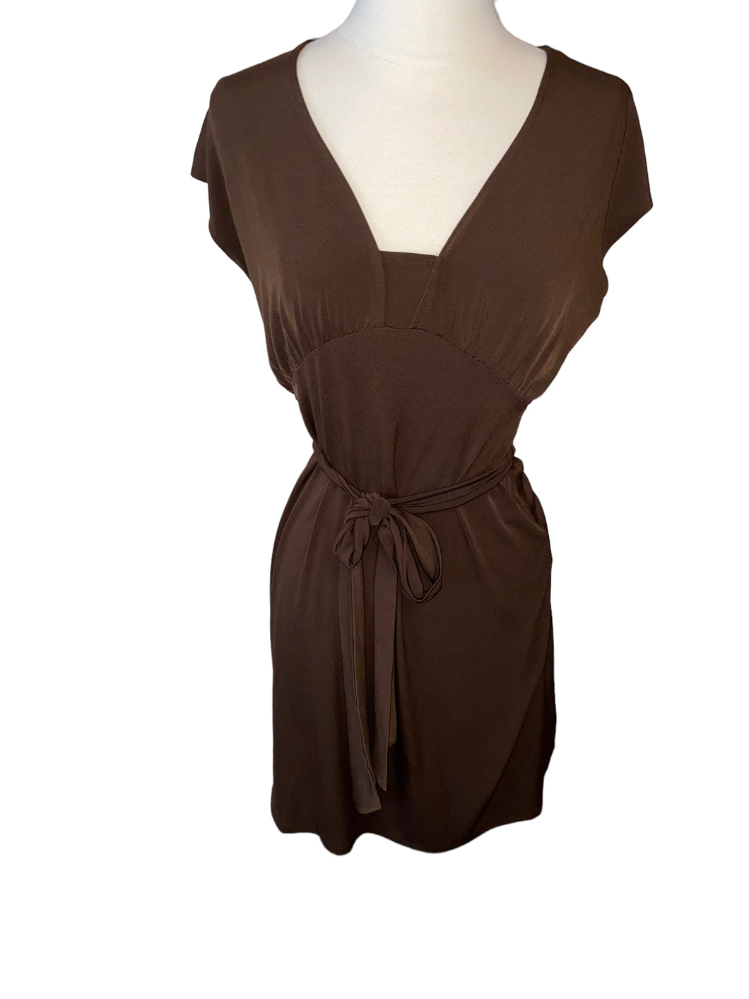 Attention Brown sleeveless Belted Dress