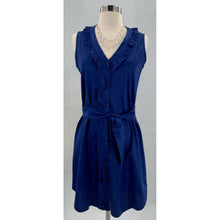 Load image into Gallery viewer, Kayce Hughes  Women&#39;s Blue Textured Stripe Sleeveless Shirt Dress Ruffles size 0
