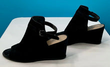 Load image into Gallery viewer, Anthropologie Miss Albright Womens Sandals Black Leather Buckle Wedge Heel 8.5 M
