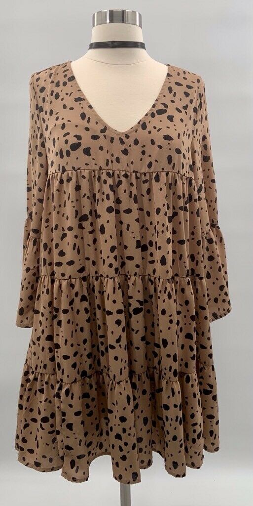 & merci Womens A Line Dress Animal print Tiered Short V Neck Long Sleeve S
