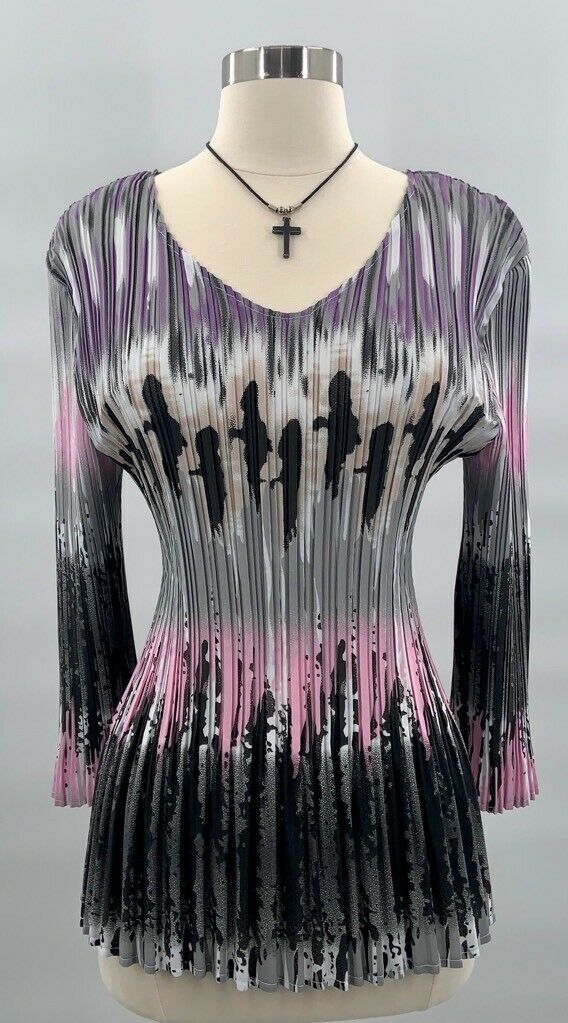 Lou Nardi Womens Tunic Top Multicolor Black Pink Ombre Long Sleeve V Neck L/S