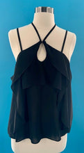 Load image into Gallery viewer, Blush Womens Blouse Black Halter Neck Tie Keyhole Ruffle Zip Spaghetti Strap S

