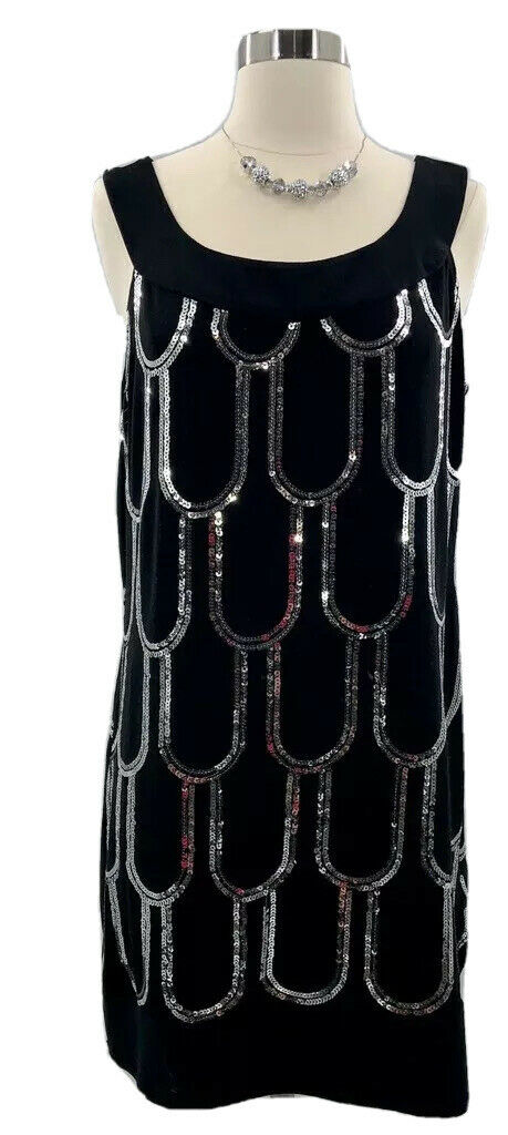 Dressbarn Womens Shift Dress Black Stretch Short Scoop Neck Sequin Petites 12 P