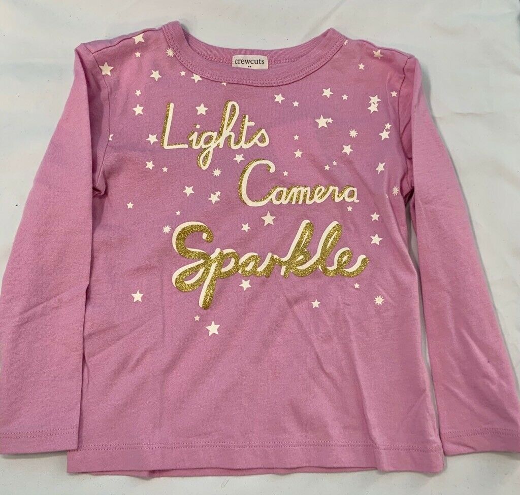 Crewcuts Girls T-Shirt Pink Glitter Lights Camera Sparkle Long Sleeves 2 New
