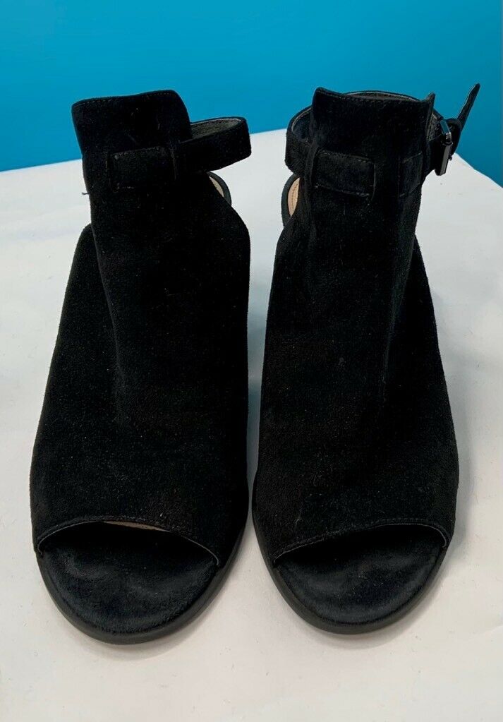 Anthropologie Miss Albright Womens Sandals Black Leather Buckle Wedge Heel 8.5 M