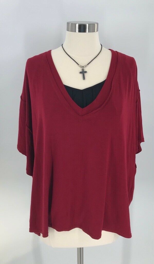 The Impeccable Pig Womens Blouse Burgandy Short Sleeve V Neck Stretch L