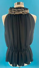 Load image into Gallery viewer, Unique Woman Large Blouse Lady Sleeveless Ruffle Black Robert Rodriguez Neiman
