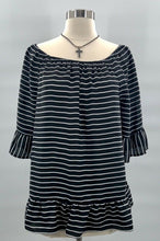 Load image into Gallery viewer, ELLE Womens Blouse Black White Stripe Short Sleeve Off Shoulder Ruched Ruffle L
