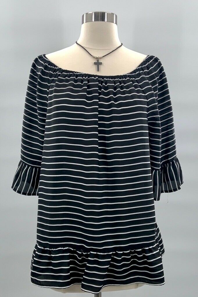 ELLE Womens Blouse Black White Stripe Short Sleeve Off Shoulder Ruched Ruffle L