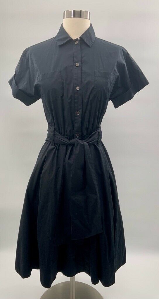Banana Republic Belted A Line Dress Black Stretch Knee Length Band Collar 0