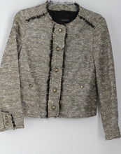 Load image into Gallery viewer, ZARA Tweed Boucle Gold Metallic Blazer Jacket Fringe Very Pretty Size S
