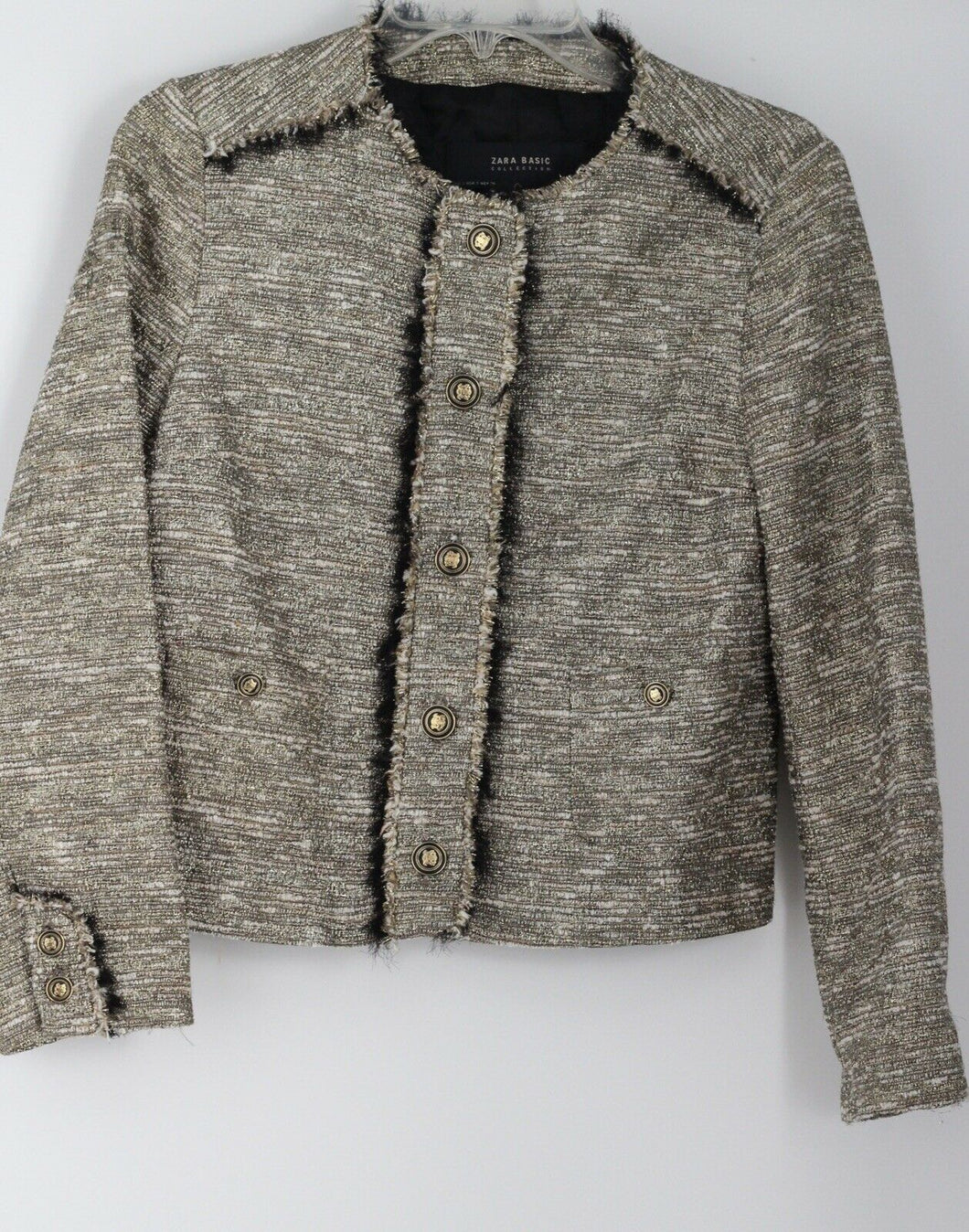 ZARA Tweed Boucle Gold Metallic Blazer Jacket Fringe Very Pretty Size S