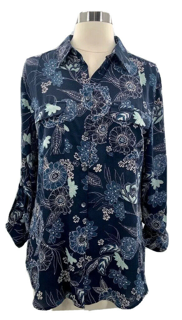 LOFT Womens Button Front Shirt Blue Floral Long Sleeve Roll Tab M