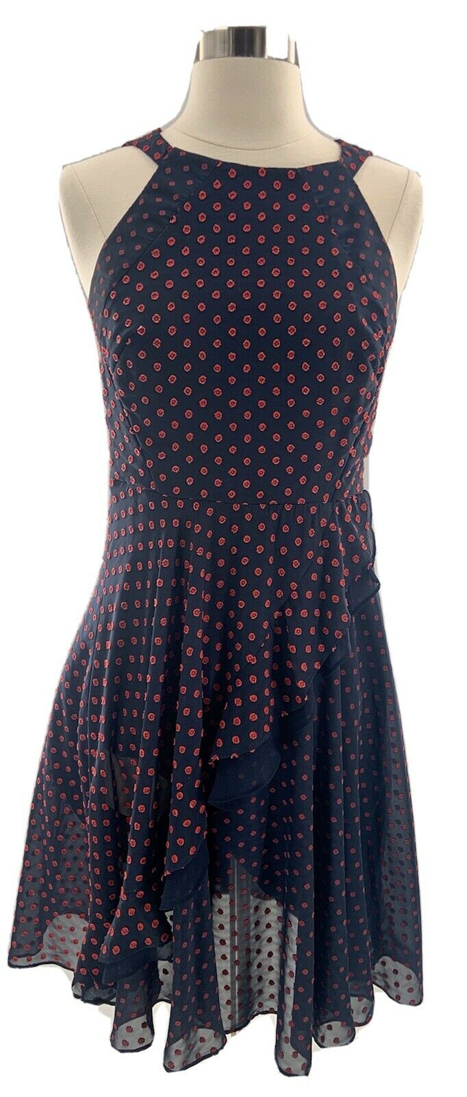 Anthropologie Eva Franco Ruffled Clipdot Dress Fit & Flare Navy/Red Size 4